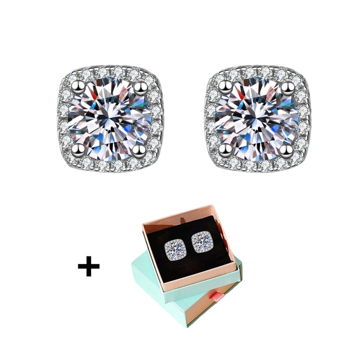 Cercei cu aspect argintiu din otel inoxidabil, cu zirconii, design patrat elegant, cutie cadou, 8x8mm