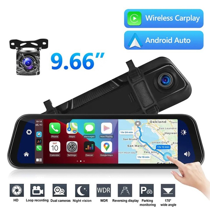Autós kamera, 9,66 hüvelykes vezetésrögzítő kettős rögzítő HD 1080p kettős vezetési rögzítő Carplay Android Auto visszapillantó tükör, fordított kép Vezeték nélküli mobil kapcsolat 4K navigátor 32 GB-os kártyával