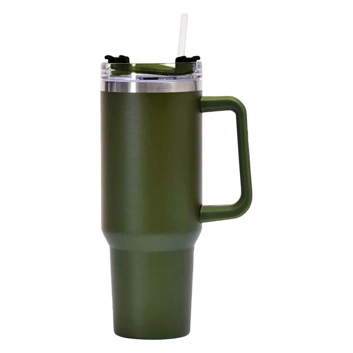 Cana Termos din Otel 304, OPTIM SOLUTION, pentru Bauturi Calde si Reci, Izolare Termica, Pereti Dubli, cu Maner Ergonomic, cu Capac Rotativ si Inel de Etansare, 9.9 x 9.9 x 27 cm, Strat de Plastic Rezistent, Pai Integrat, Durabila, Portabila, Verde Army