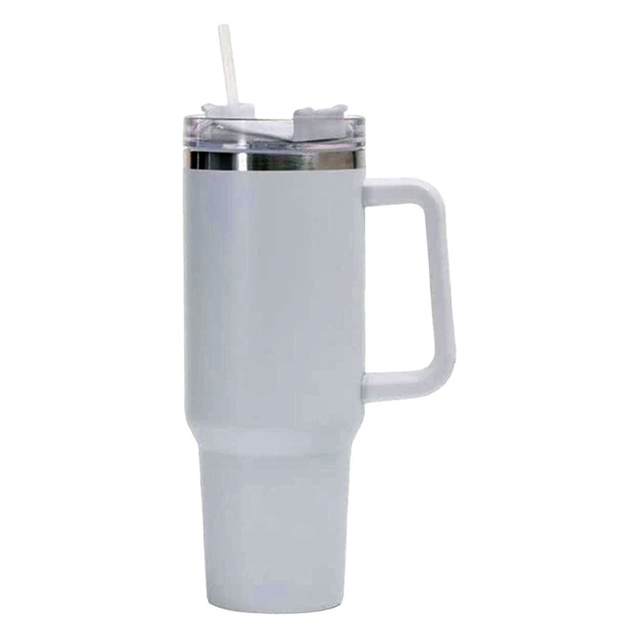 Cana Termos din Otel 304, OPTIM SOLUTION, pentru Bauturi Calde si Reci, Izolare Termica, Pereti Dubli, cu Maner Ergonomic, cu Capac Rotativ si Inel de Etansare, 9.9 x 9.9 x 27 cm, Strat de Plastic Rezistent, Pai Integrat, Durabila, Portabila, Alb