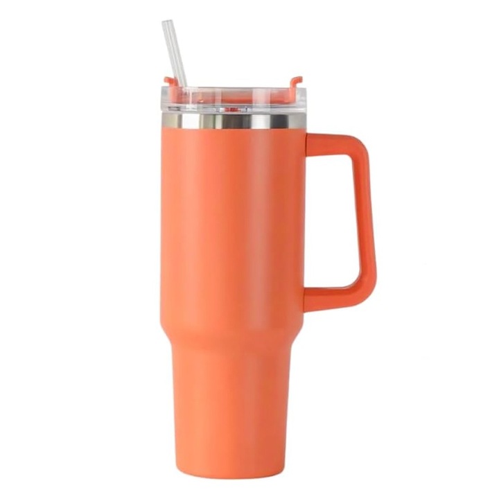 Cana Termos din Otel 304, OPTIM SOLUTION, pentru Bauturi Calde si Reci, Izolare Termica, Pereti Dubli, cu Maner Ergonomic, cu Capac Rotativ si Inel de Etansare, 9.9 x 9.9 x 27 cm, Strat de Plastic Rezistent, Pai Integrat, Durabila, Portabila, Portocaliu