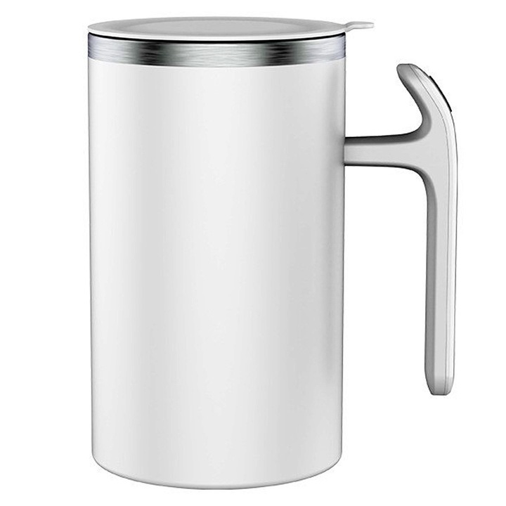 Cana cu Mixer din Otel 304, OPTIM SOLUTION, Amestecare Automata, 380 ml, pe Baterii, Motor Puternic, pentru Bauturi Calde / Reci mai mult timp, Shake, Efort Minim, Eficienta, Rezultate Omogene, Rezistenta la Temperaturi Ridicate, Durabila, Sigura, Alb