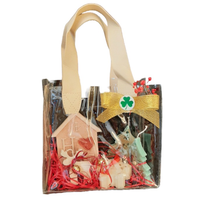 Set 5 lumanari pentru Craciun in gentuta lucrate din ceara soia 240 gr, Home, ren, braduti verzi, fulg de nea, cadouri decorate