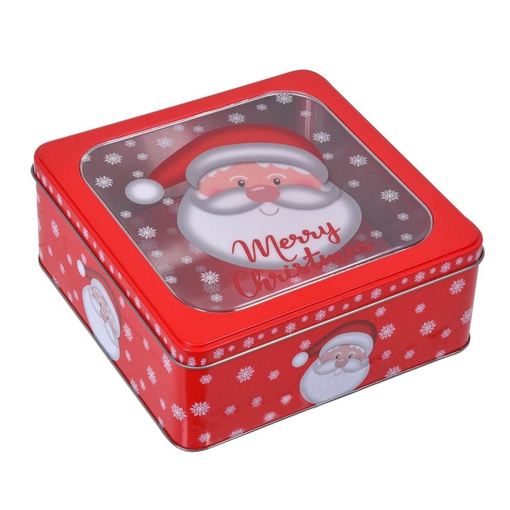 Piros Négyzetes Fémdoboz Karácsonyra, Ablakos, Mikulás és Hópehely Mintával, 18x18x7cm, Kekszeknek Süteményeknek