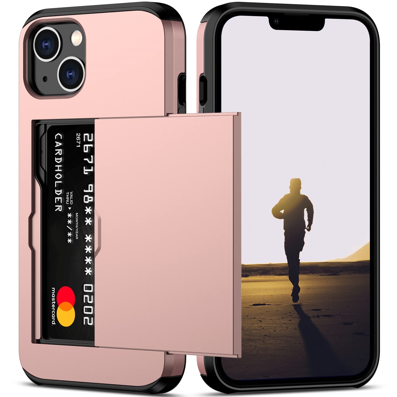 Husa protectie 2 in 1, Portofel transparent cu suport card, MorFansi®, Anti-zgarieturi rezistent la socuri, compatibila cu Apple iPhone 13, Aur Trandafir