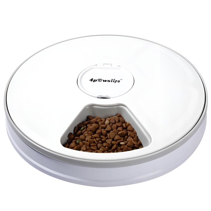 Hranitor automat pentru caini si pisici, Omna, cu functie de setare a intervalului de hrana pentru animalul tau de companie, controlul portiilor, multifunctional si eficient, 6x75g, Alb
