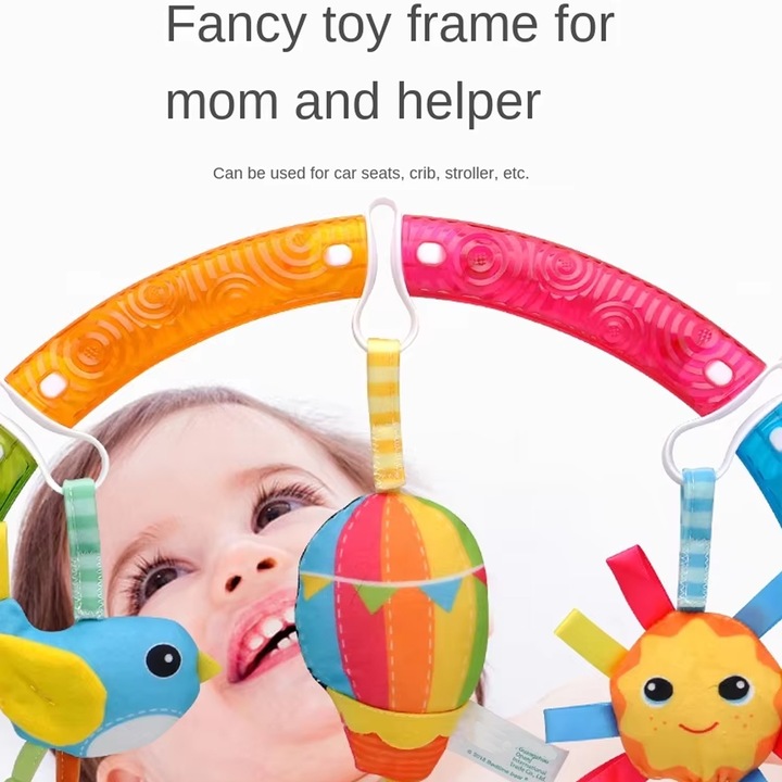 Arcada Jucarie Pentru Carucior, Axroad Mall, Clopotei de pat pentru copii, Agrafa de pat, 0-36 luni, Curcubeu pastel, Pentru explorarea senzoriala, Pentru Scaun Auto, Plastic/Textil, 50 x 32cm, Multicolor