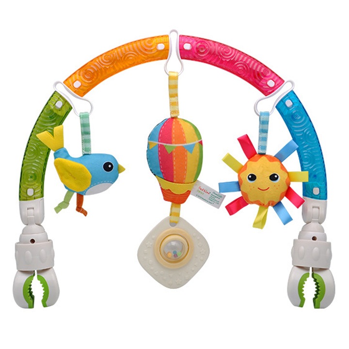 Arcada Jucarie Pentru Carucior, Axroad Mall, Clopotei de pat pentru copii, Agrafa de pat, 0-36 luni, Curcubeu pastel, Pentru explorarea senzoriala, Pentru Scaun Auto, Plastic/Textil, 50 x 32cm, Multicolor