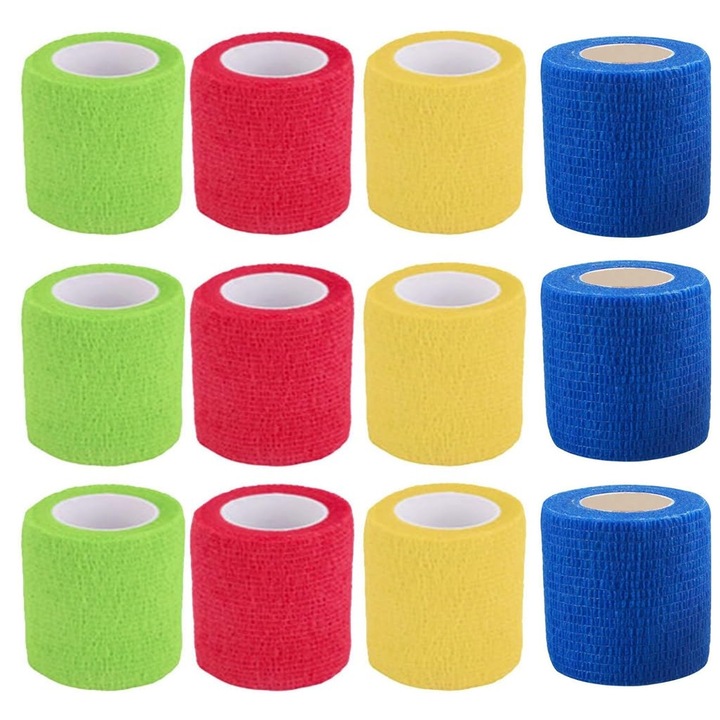 Set 12 role bandaj autoadeziv, Axroad Mall, Respirabil si rezistent la apa, Usor de rupt, Pentru glezne, incheieturi, degete, degete de la picioare, coate sau genunchi, Textil, 5cmX4.5m, Multicolor