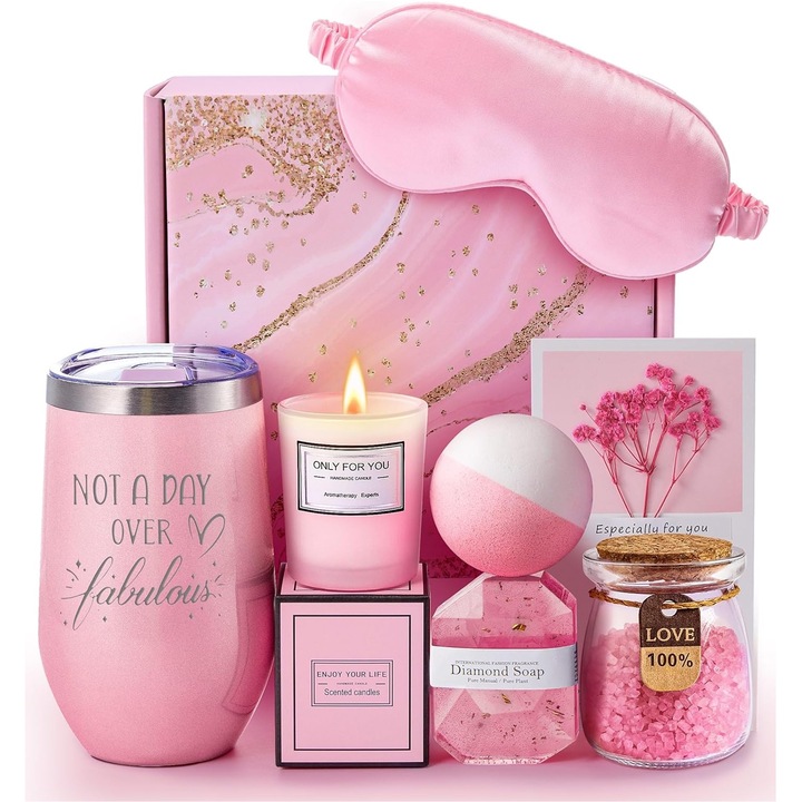 Set cadou pentru femei, Axroad Mall, Cana termoizolanta, Masca de ochi, Lumanare parfumata, Sapun manual, Bombe de baie, Sare de baie, Pentru ziua de nastere, nunta, aniversare, Craciun, Ziua Mamei, Roz