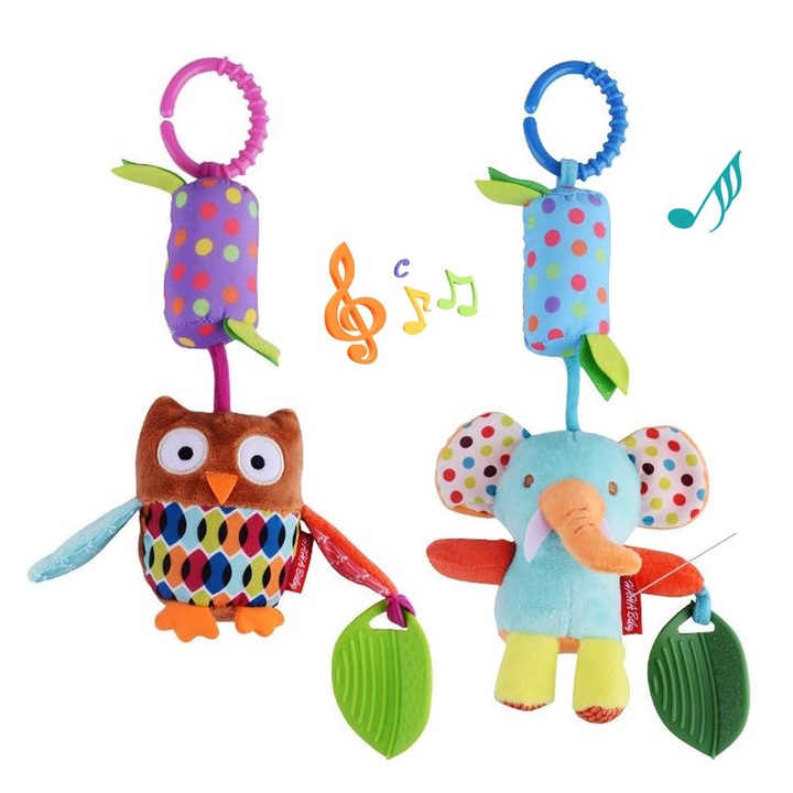 Set 2 Jucarie Interactiva Pentru Bebelusi, Axroad Mall, Cu sunatoare si inel dentitie, Poate fi atarnat, Elefant, Bufnita, 0-12 luni, Plus, Bumbac, Interactiva, Pentru carucior sau patut, 34 x 13cm, Multicolor