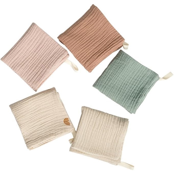 Set 5 Prosoape Din Muselina Pentru Copii 22 x 23cm, Axroad Mall, Uscare rapida, Design carlig, Hipoalergenic, Absorb apa, Moale si respirabil, Usor de curatat, Folosit pentru scaldat si stergerea salivei, Multicolor
