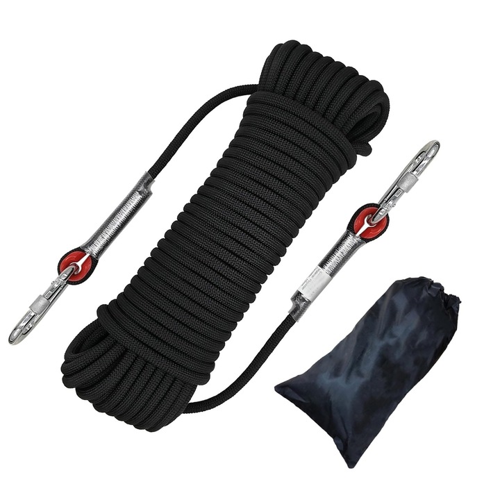 Franghie Catarare, Axroad Mall, Franghie impletita, Lungime franghie 40m, Sarcina maxima 1100 kg, Diametru 10 mm, Cu 2 carlige, Folosit pentru alpinism in aer liber, salvare la incendiu, drumetii, Poliester, Negru