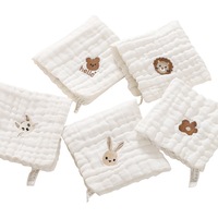 Set 5 Prosop bebe din bumbac, Axroad Mall, potrivit de la nastere pana la 3 ani, Prosoape din muselina, Cu model de broderie de animale, Super absorbant, Design carlig, Moale si prietenos, 30 x 30cm, Alb