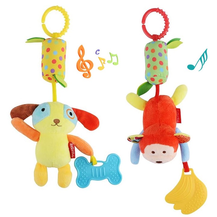 Set 2 Jucarie Interactiva Pentru Bebelusi, Axroad Mall, Cu sunatoare si inel dentitie, Poate fi atarnat, Maimuta, Catelus, 0-12 luni, Plus, Bumbac, Interactiva, Pentru carucior sau patut, 34 x 13cm, Multicolor