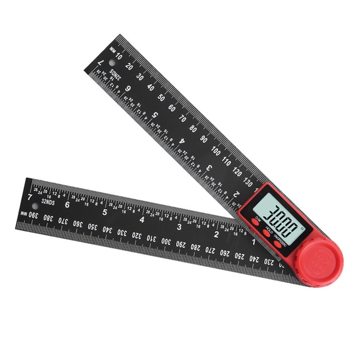 Raportor digital de unghi 2in1, Axroad Mall, Precizie mare, Masurare la 360°, Durata lunga de viata a bateriei, Rezistent la uzura si durabil, Conversie masuratori grad in minut, ABS/Nylon, 7 inch/200 mm, Negru/Rosu