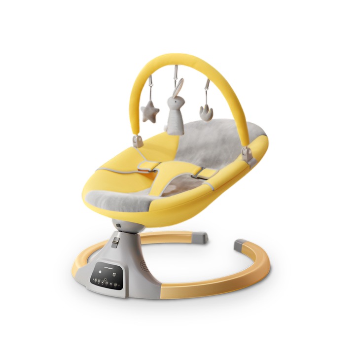 Електрическа многофункционална бебешка люлка, дигитален панел, Blue-Tooth връзка, дистанционно управление, Играчки и мелодии, жълт