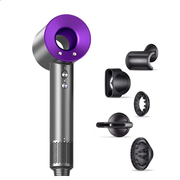 Uscator de par profesional, salon de par, uscare rapida 1600 wati, viteza mare 110.000 rpm, ultra-silentios, ingrijire a parului anion, control inteligent actualizat al temperaturii, 3 viteze de vant, 4 temperaturi, 5 duze magnetice de aspiratie, violet