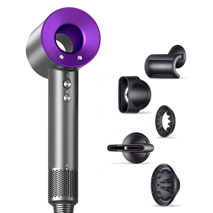 Professzionális hajszárító, gyorsszárító 1600 watt, nagy fordulatszám 110 000 fordulat/perc, rendkívül csendes, anionos hajápoló, 3 szélsebesség, 4 hőmérséklet, 5 mágneses szívófúvóka, lila