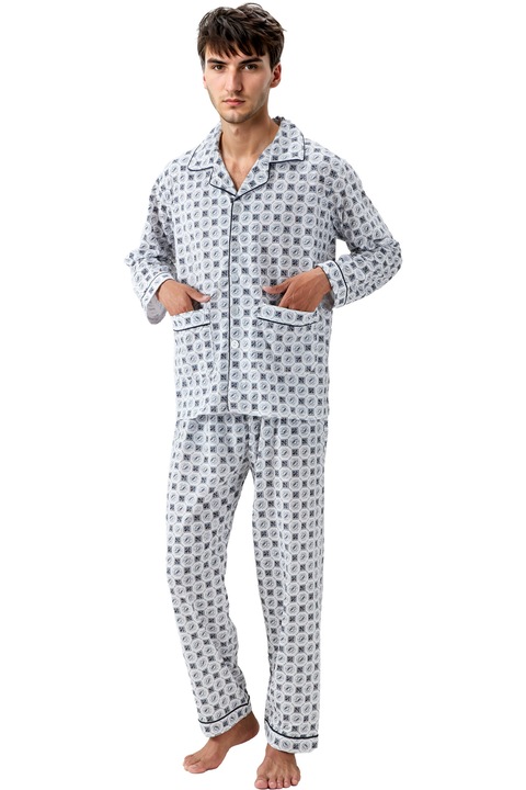 Мъжка пижама, DryFlo, памук, дълъг ръкав и панталон, геометрична шарка, син меланж, 4XL