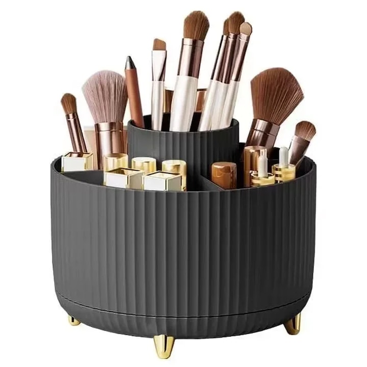 Органайзер за козметика, Axroad Mall, въртене на 360 градуса, дизайн с 5 отделения, За тоалетна, баня, офис, всекидневна и училище, Пластмаса, 15x15x13 см, Черен