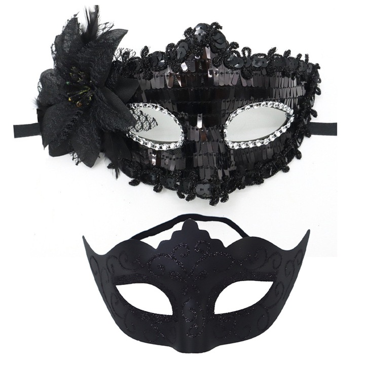 Set 2 masti bal mascat pentru cupluri femei barbati, Axroad Mall, Cu paiete stralucitoare si decor floral, Pentru bal, cosplay, halloween, fantezii, ascundere identitate, Marime universala, Negru