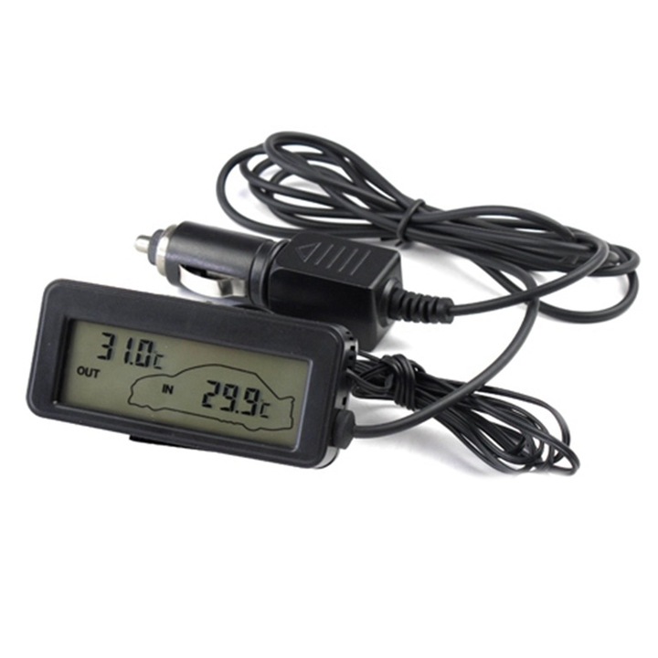 Mmgoqqt цифров термометър за кола, LCD, измерване на вътрешна и външна температура, пластмаса, 12V