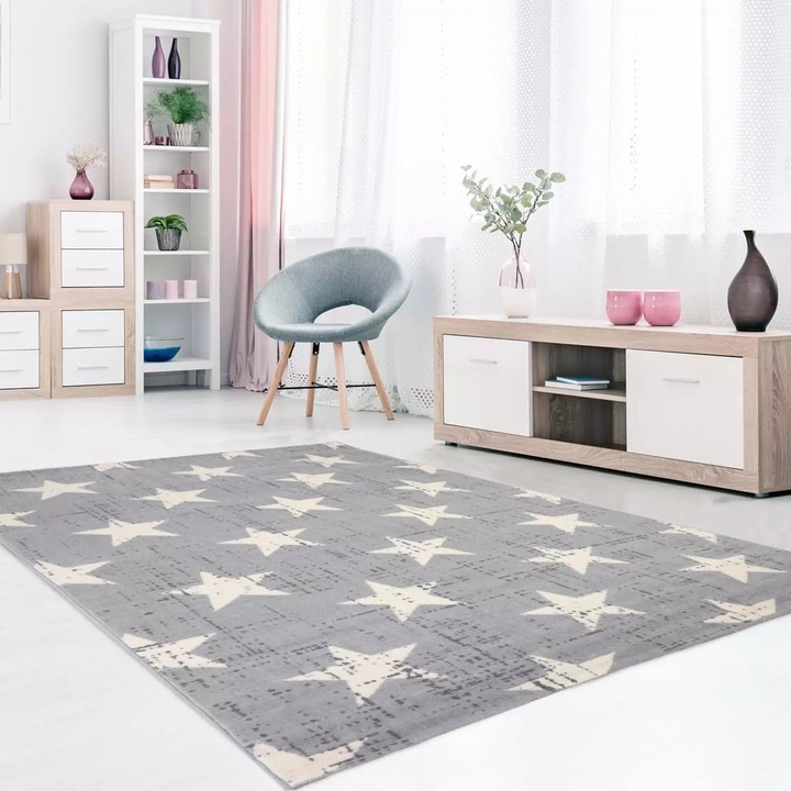 Covor, elSimone, 80x150cm, dreptunghiular, polipropilena, inaltime 8 mm, Modern Fantastik Stele, Crem/Nuante de Gri