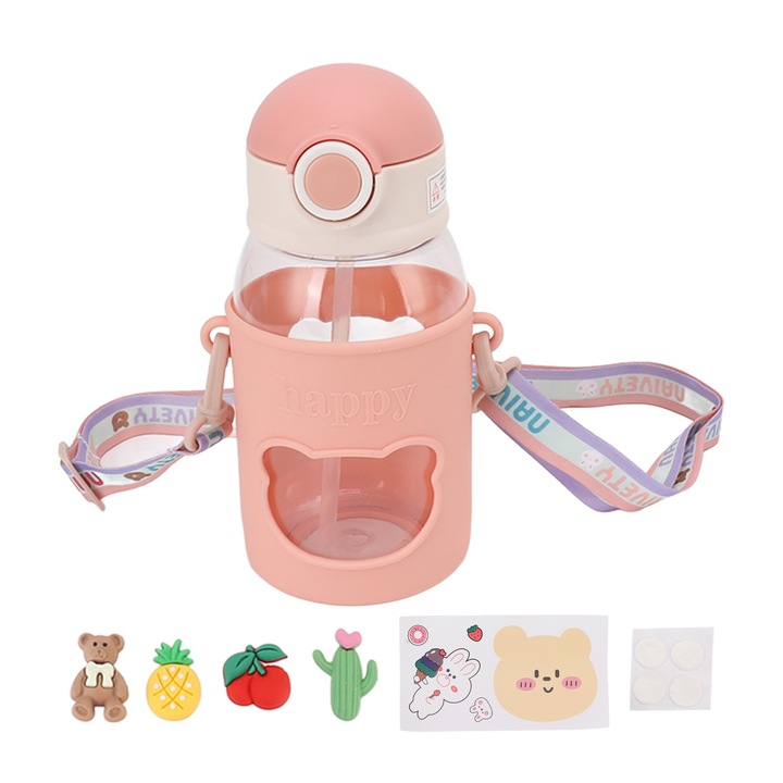 Jormftte kulacs szívószállal, nagy űrtartalmú, aranyos dizájn, rózsaszín, teljes kiegészítő készlet