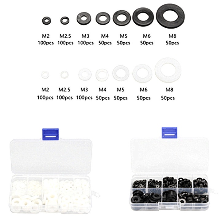 Set 350 piulite plate din nylon M2-M8, 2 cutii, alb si negru, 130x70x25mm