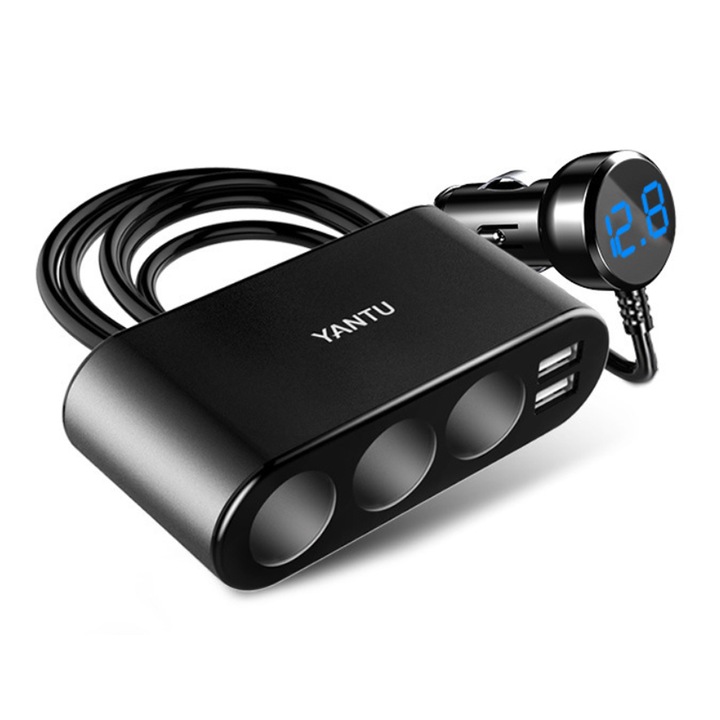 Splitter de bricheta auto cu 2 porturi USB, Yantu, 120W, display LED, 12V/24V, Negru