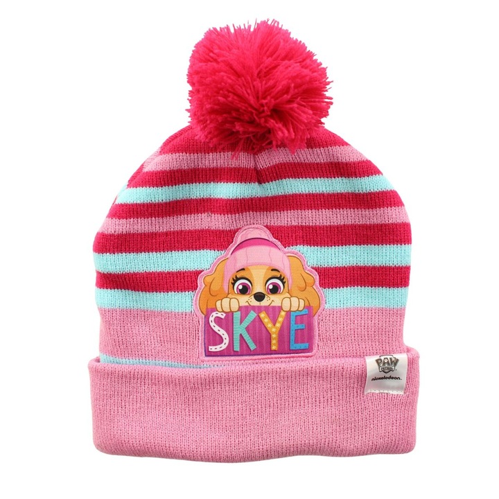 Caciula acril roz cu dungi fucsia si bleu, Skye-Paw Patrol, cu mot 7-9 ani