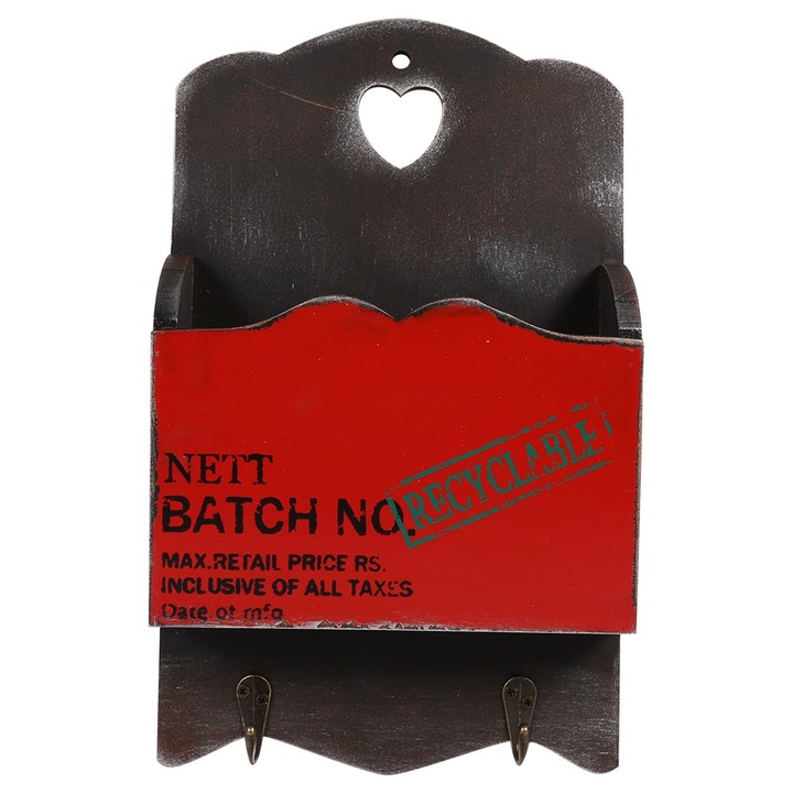 Fából készült levéltartó, Jormftte, kreatív design, piros, kampókkal, lakásdekoráció