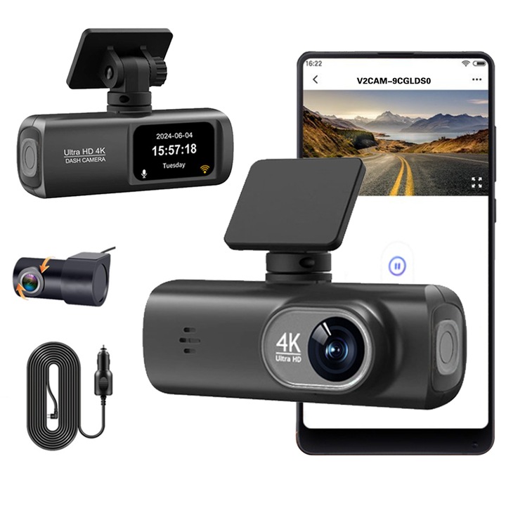 DVR камера за кола 4K, двойна, нощно виждане, 170°, 3840x2160, 1.47 инча, WiFi 2.4G