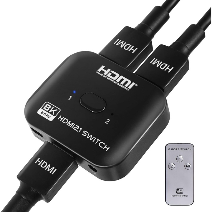 Превключвател 8K HDMI 2.1, Excitat®, двупосочен 1x2 / 2x1, поддържа UHD 4K, черен