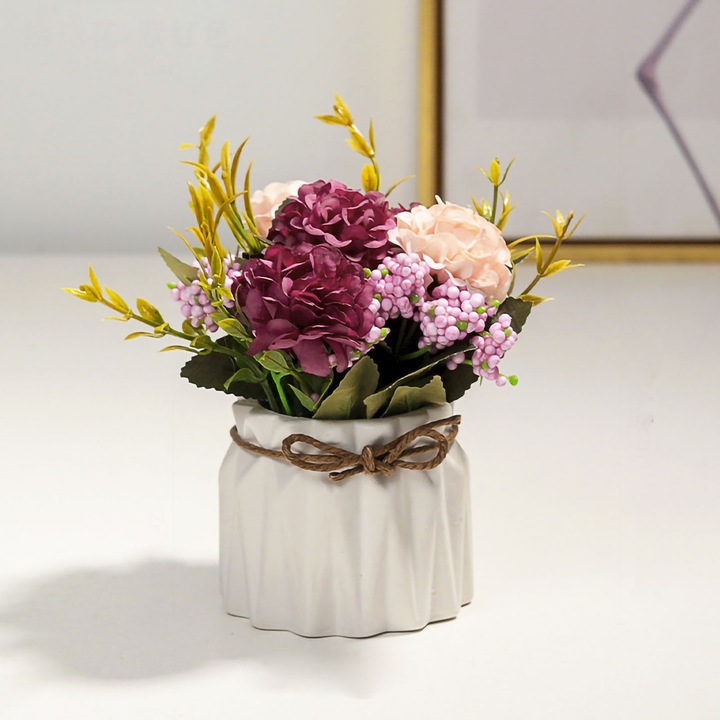 Jormftte Mesterséges Cserepes Virágcsokor, Hortenzia, Fehér Kerámia, Asztali Dekoráció, 30x45cm