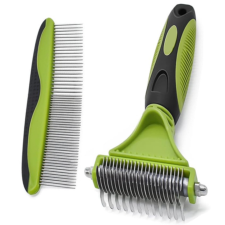 Set pieptene/perie pentru animale, Profesional, Verde/Negru
