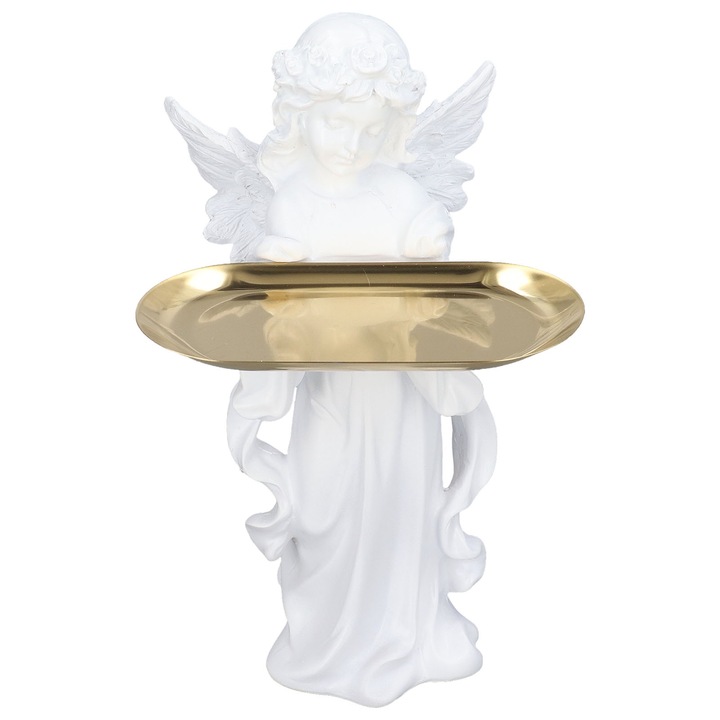Angyal figura szintetikus gyantából ötvözet tálcával dekorációhoz és ékszertároláshoz, Jormftte