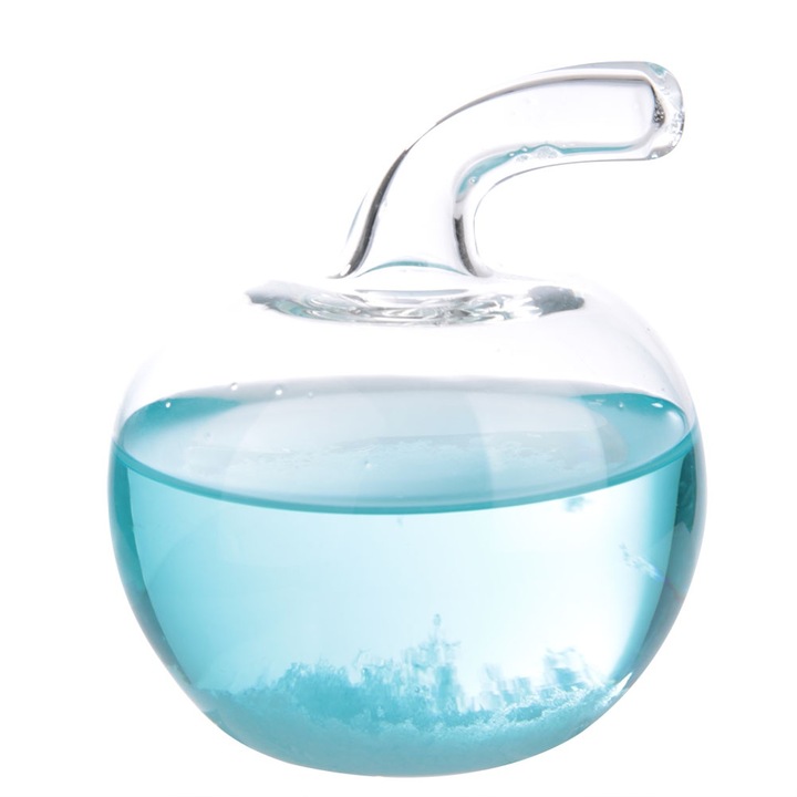 Időjárás-előrejelző pohár kristályokkal, Jormftte, gyümölcs alakú, fa talppal, átlátszó, dekoratív