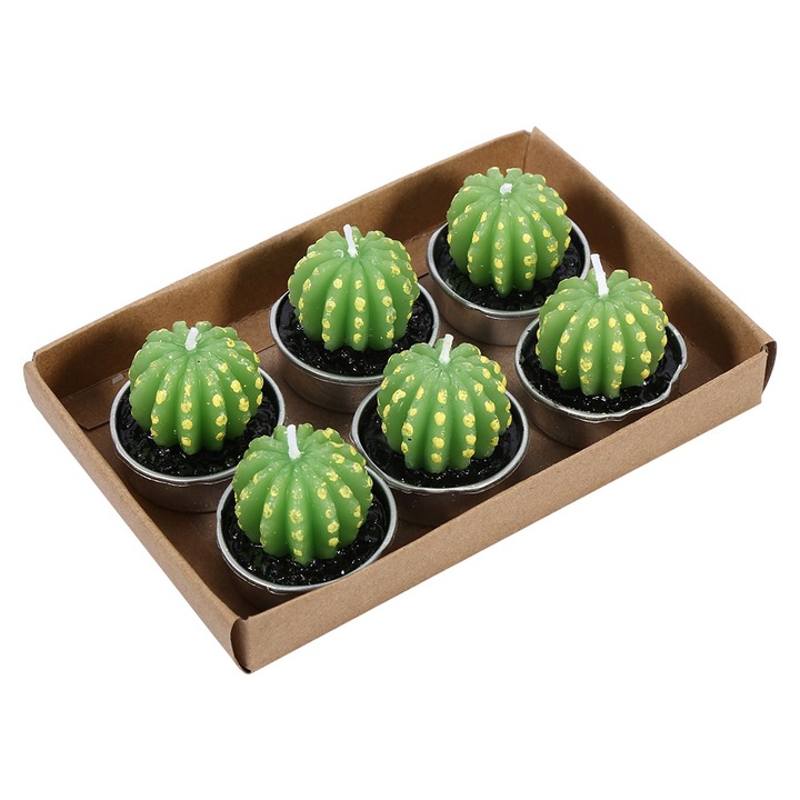 6 db-os díszes kaktuszgyertya-készlet, Jormftte, kerek forma, zöld
