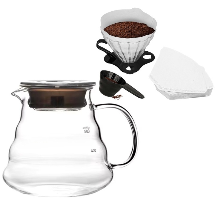 Комплект, Mindblower, 4 части, Перфектното кафе, изработено от стъкло и пластмаса, Гарафа, филтър за кафе, мерителна чаша, 100 хартиени филтъра, за перфектното приготвяне на кафе