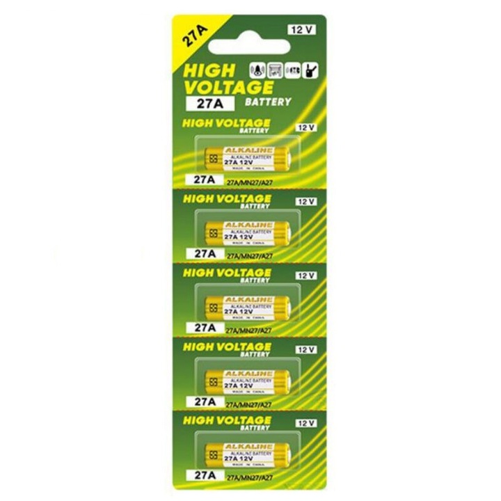 Комплект от 5 алкални батерии 27A, 12V, G.PIN, 8x28mm, без живак, универсална употреба