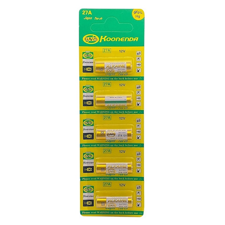 Set 5 baterii alcaline 27A, Koonenda, 12V, 8x28mm