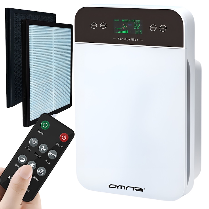 Въздухопречиствател, Omna, HEPA филтър, Комплект резервни филтри, 180 m3/h, Дистанционно управление, Бял