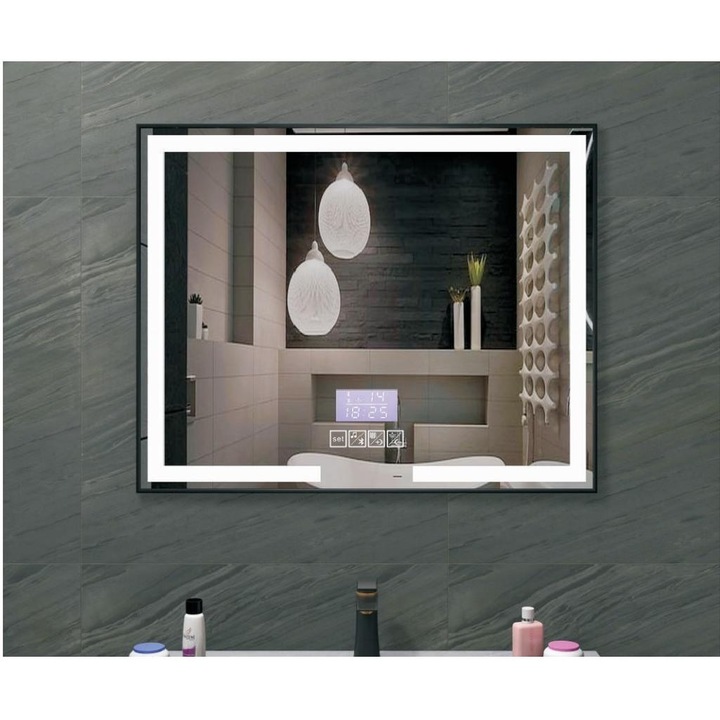 Oglinda pentru baie TRENDY’S, dreptunghiulara, cu LED, senzor touch, afisaj LCD pentru ceas, temperatura, functie de dezaburire si Bluetooth – 500×700 mm