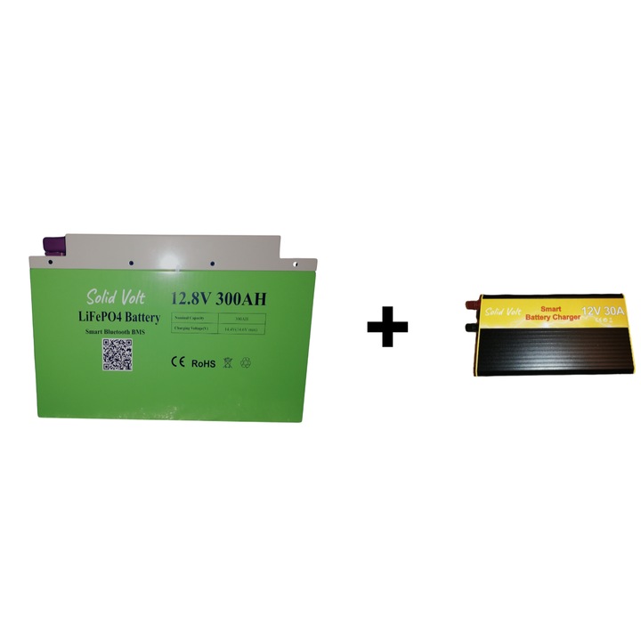 Set acumulator 300h 12V LiFePO4 si redresor baterie stationara solara, panouri fotovoltaice, rulota, autorulota, sistem solar off-grid, cabana, container, durata de viata 10+ ani, Solid Volt