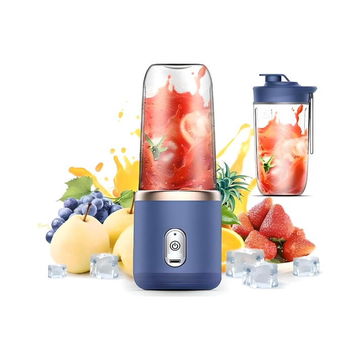 Blender portabil pentru sucuri si smoothie-uri, 6 lame, albastru, set mixer si cana, USB reincarcabil