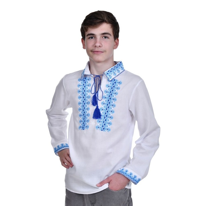 Camasa traditionala baieti, alba, broderie motive nationale romanesti culoare bleu, 9 - 10 ani, Denikos®TD207