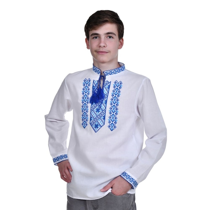 Ie nationala baieti, alba, broderie motive traditionale romanesti culoare albastra, 5 - 6 ani, Denikos®TD208