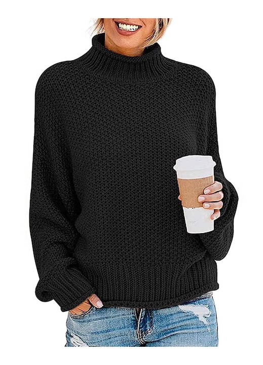 Női pulóver, Jormftte, kötött, hosszú ujjú, garbó nyakú, fekete